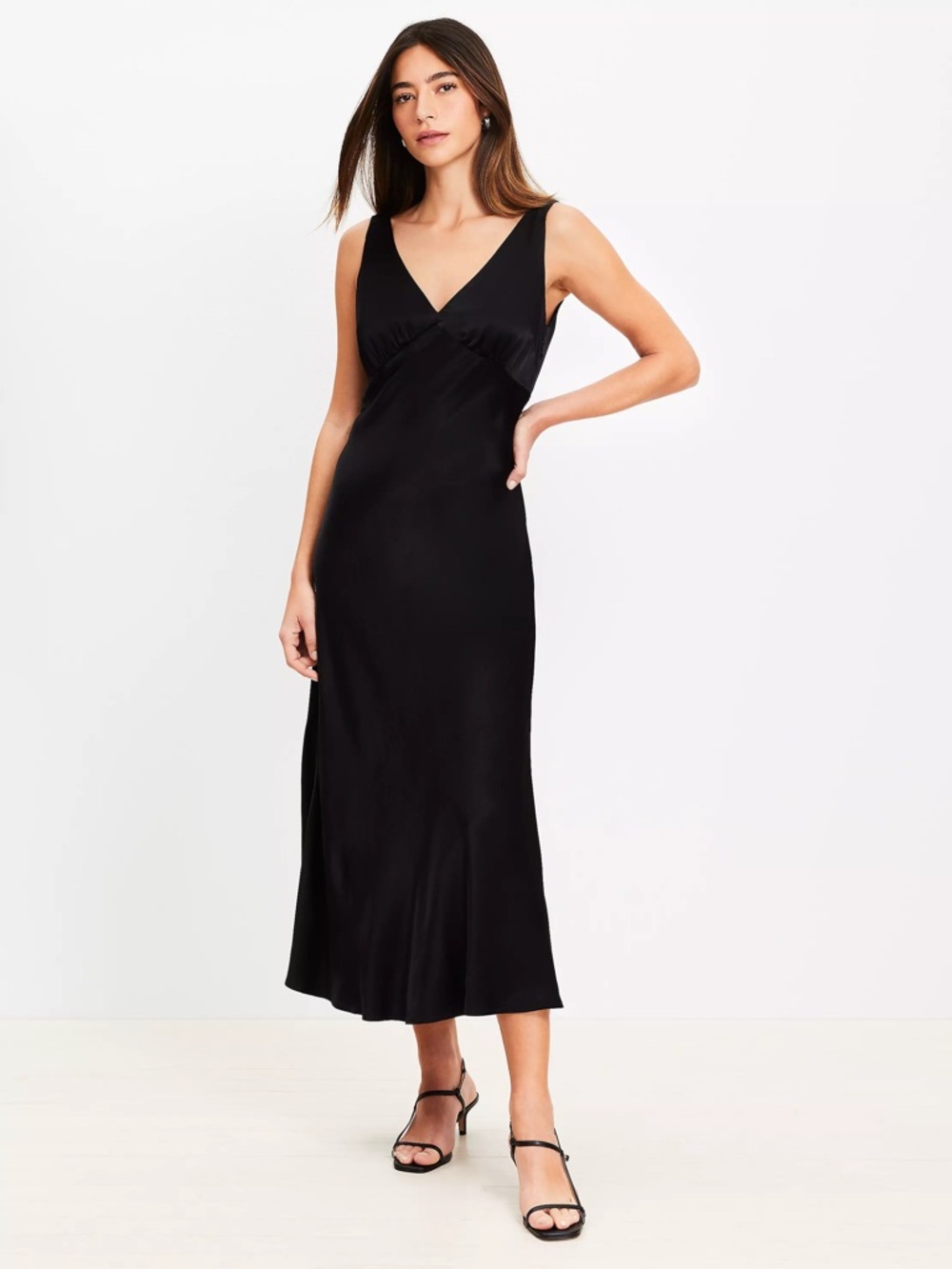 LOFT new with tags Black Satin Double V Bias Midi Dress